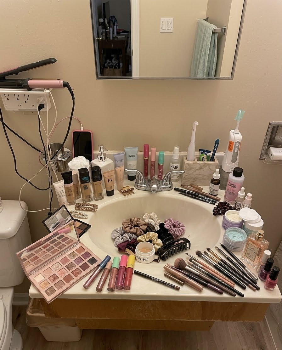cluttered bathroom sink